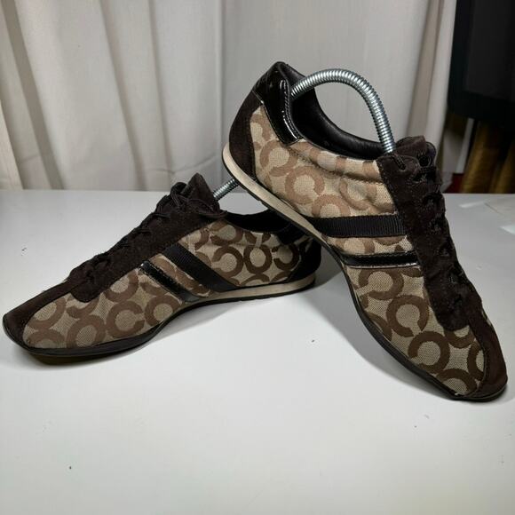 Coach Kathleen Sneakers 10M Brown Signature C Canvas Suede Logo Stripe - Picture 4 of 11